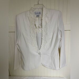 3 Piece Che Studio Embroidery Beaded Beige suit…beaded blazer and top with skirt